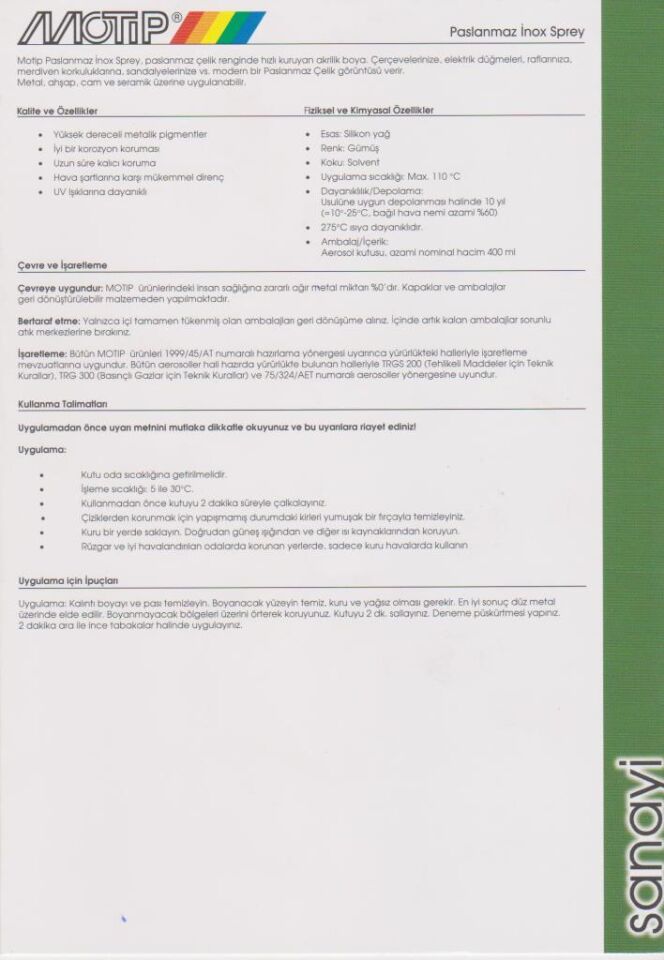 Motip Isıya Dayanıklı Paslanmaz İnox Spreyi 400 ml.