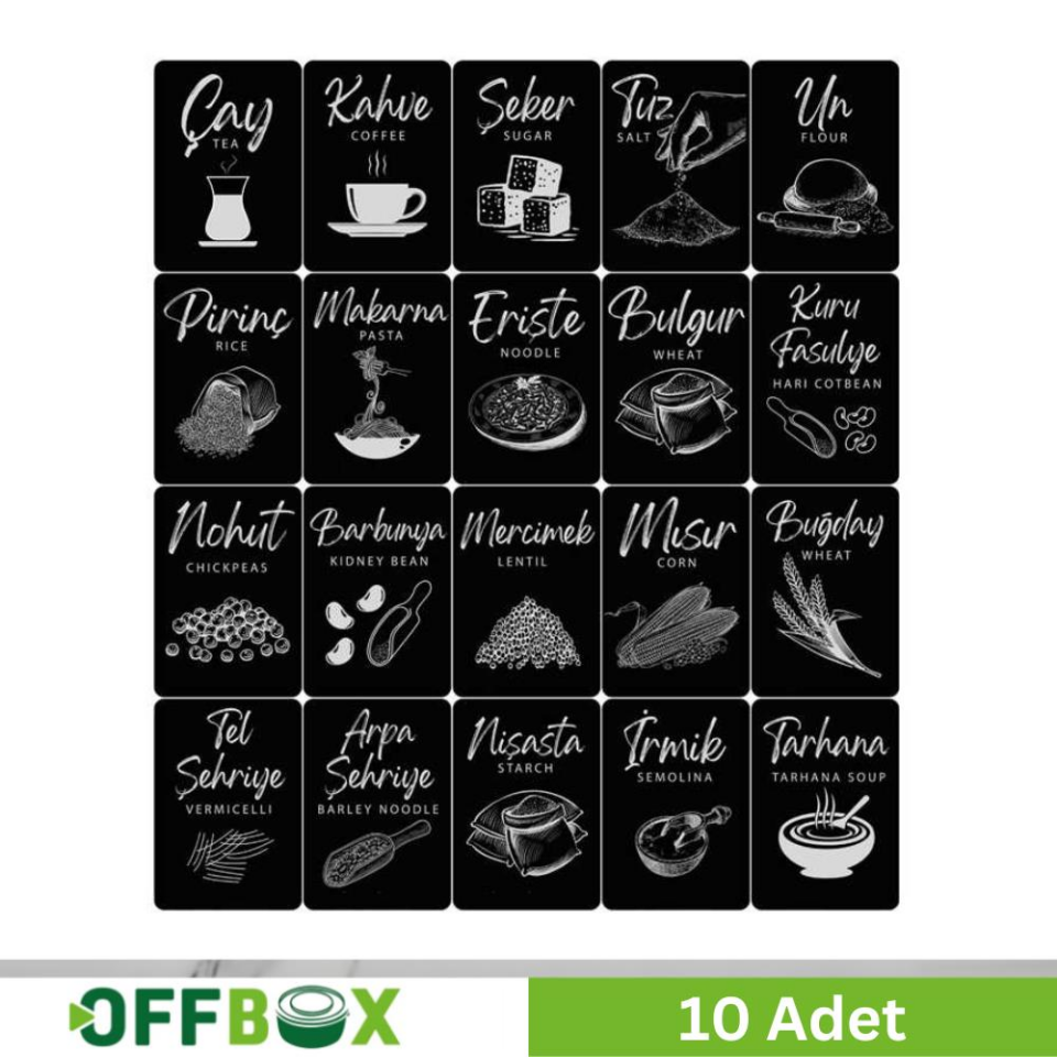 Offbox Yapışkanlı Saklama Kabı Bakliyat Etiketi - 20 Çeşit - 10 Adet