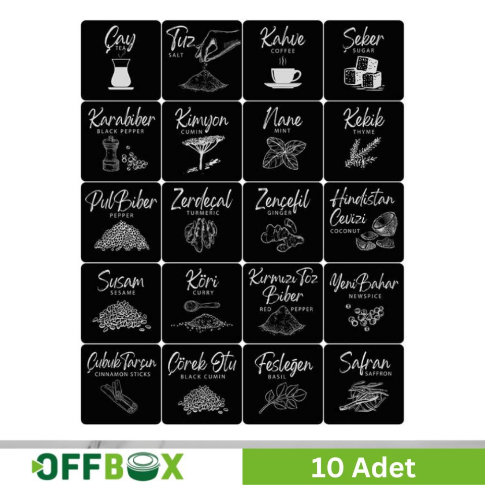 Offbox Yapışkanlı Saklama Kabı Baharat Etiketi - 20 Çeşit - 10 Adet