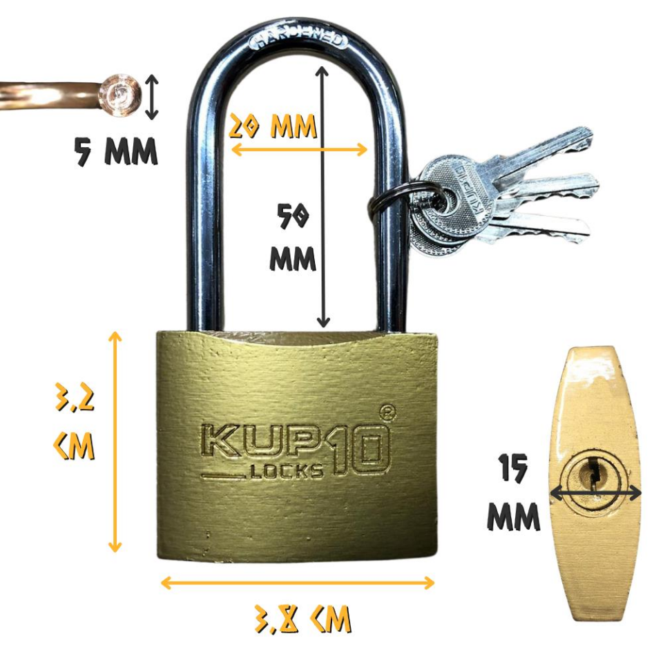 Kupa Uzun Kanca Asma Kilit Sarı 38 mm. - 3 Anahtarlı