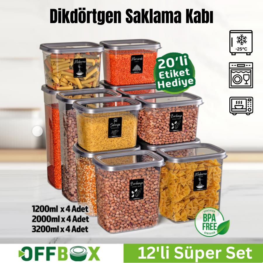 Offbox Dikdörtgen Bakliyat Baharat Gıda Saklama Kabı - 3 Çeşit - 12 Adet