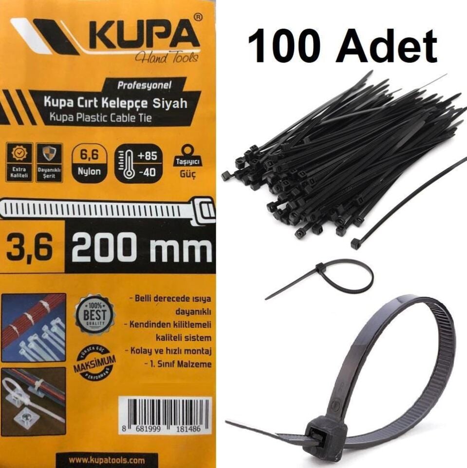 Kupa Plastik Cırt Kelepçe Siyah 3.6 x 200 mm. - 100 Adet
