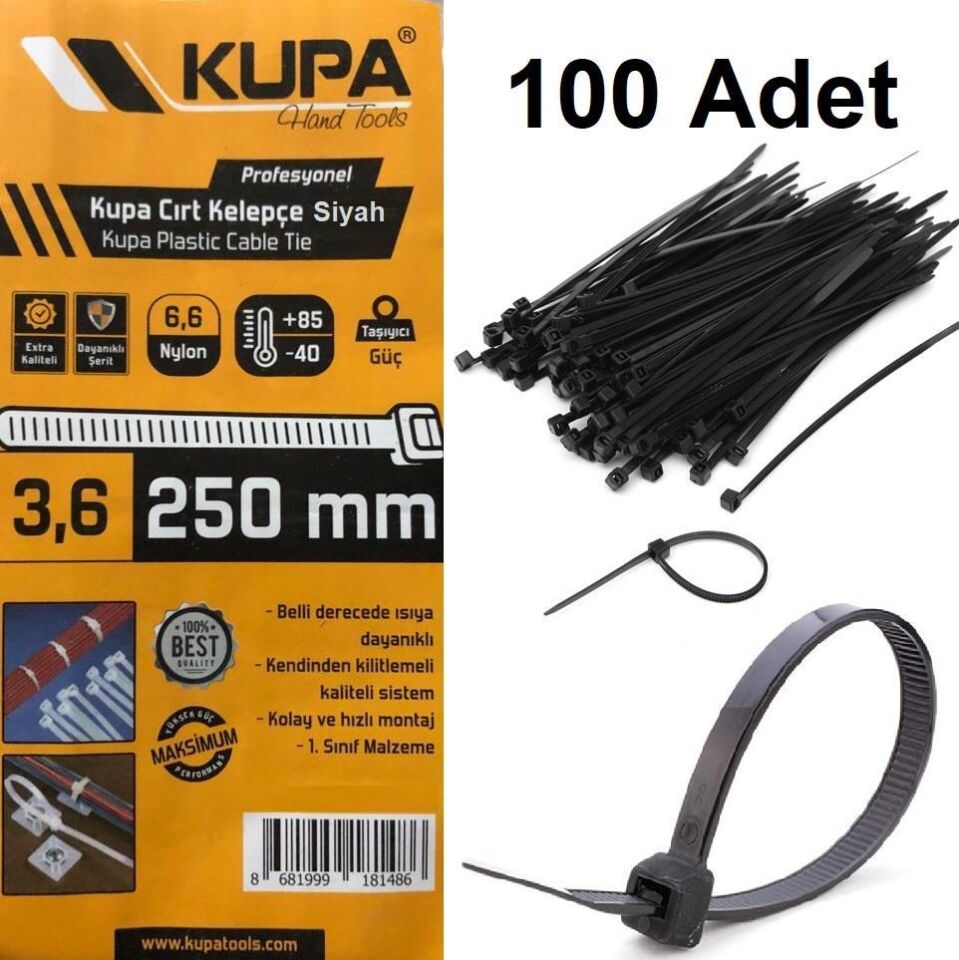 Kupa Plastik Cırt Kelepçe Siyah 3.6 x 250 mm. - 100 Adet