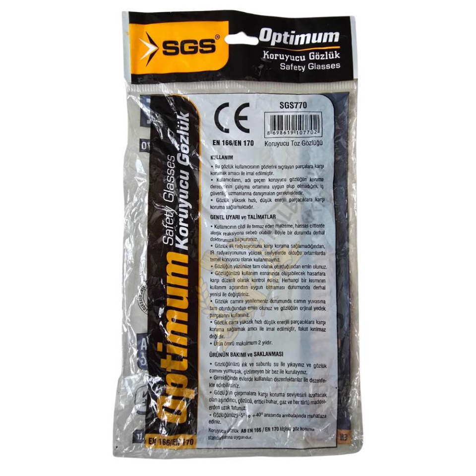 SGS Optimum Koruyucu Toz Gözlüğü - Şeffaf - EN 166 EN 170