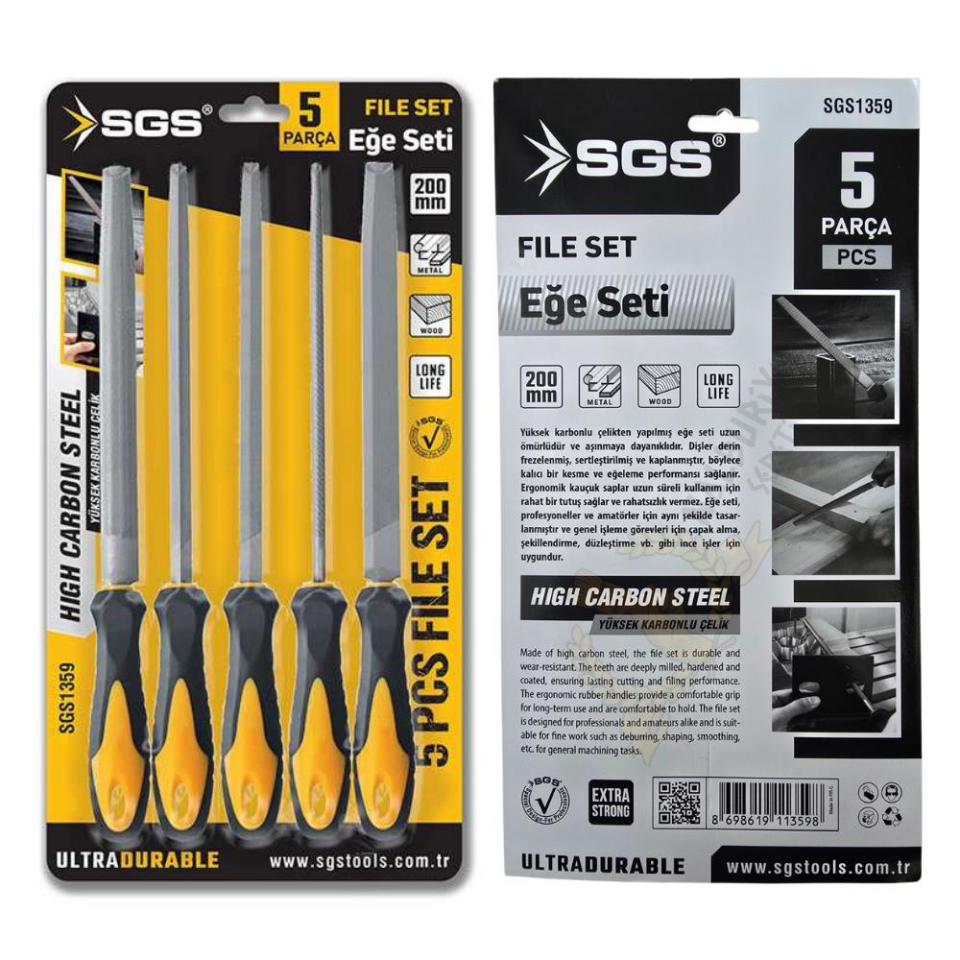 SGS Saplı Büyük Eğe Seti Ahşap ve Metal 200 mm. - 5 Farklı Parça