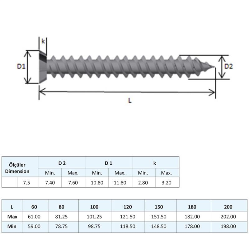 Yağmur Vida Buldex Beton Vidası 7.5x60 mm. - 30 Adet