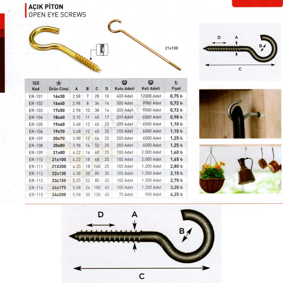 Ersa Açık Piton Kancalı Vida 18x60 - 30 Adet