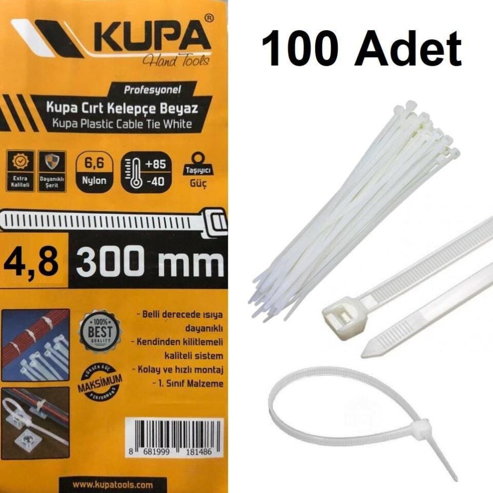 Kupa Plastik Cırt Kelepçe Beyaz 4.8 x 300 mm. - 100 Adet