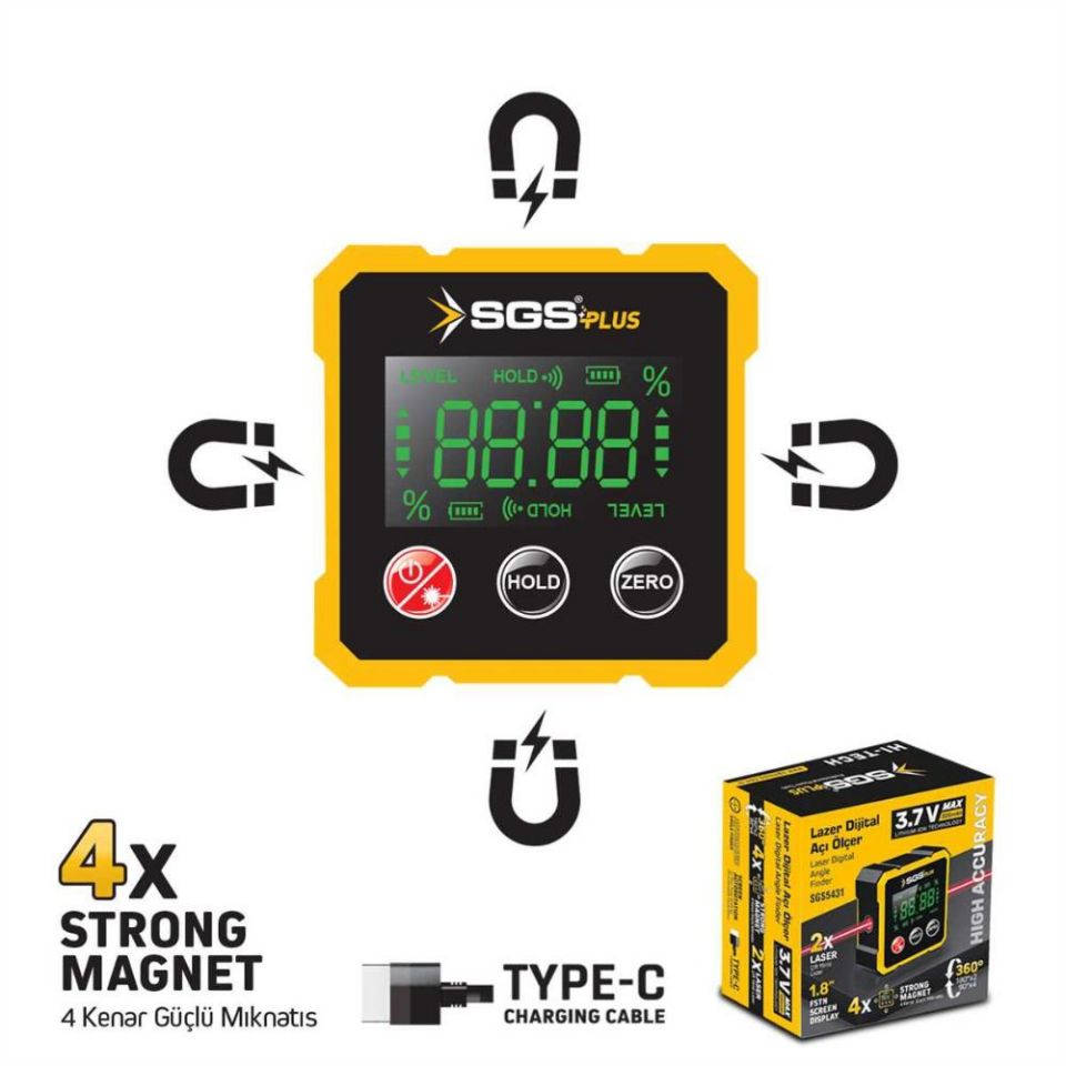 SGS Mıknatıslı Çift Yönlü Lazer Açı Ölçer - 1.8'' Ekran - Type-C Şarj