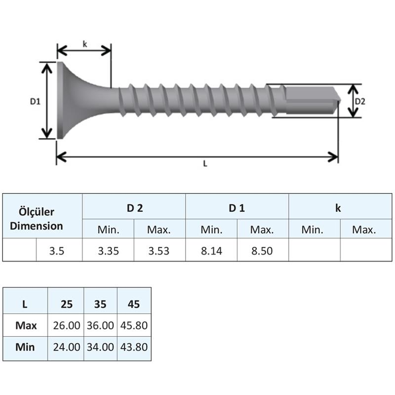 Yağmur Vida Alçıpan Vidası Matkap Uçlu 3.5x45 mm. - 500 Adet
