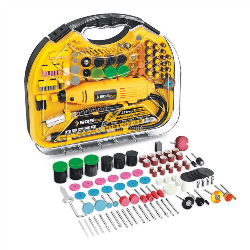 SGS Hız Ayarlı Hobi Taşlama Gravür Seti 130 Watt - 211 Parça