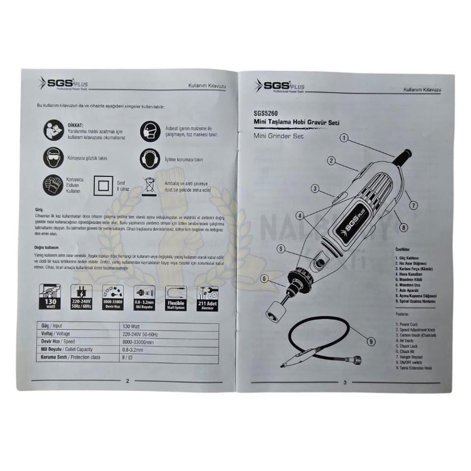 SGS Hız Ayarlı Hobi Taşlama Gravür Seti 130 Watt - 211 Parça