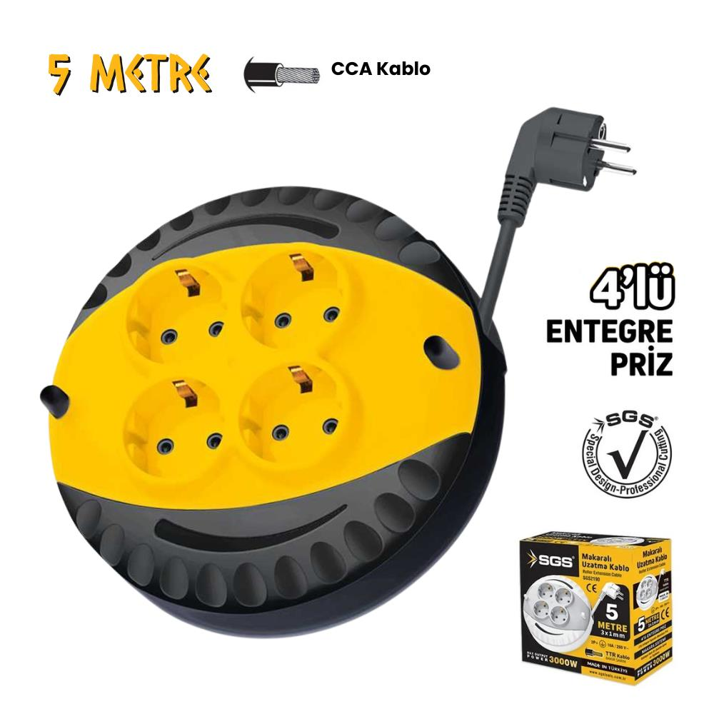 SGS Saklı Kablolu Makaralı Uzatma Kablosu Siyah CCA 3x1.5 - 4 Priz - 5 mt.