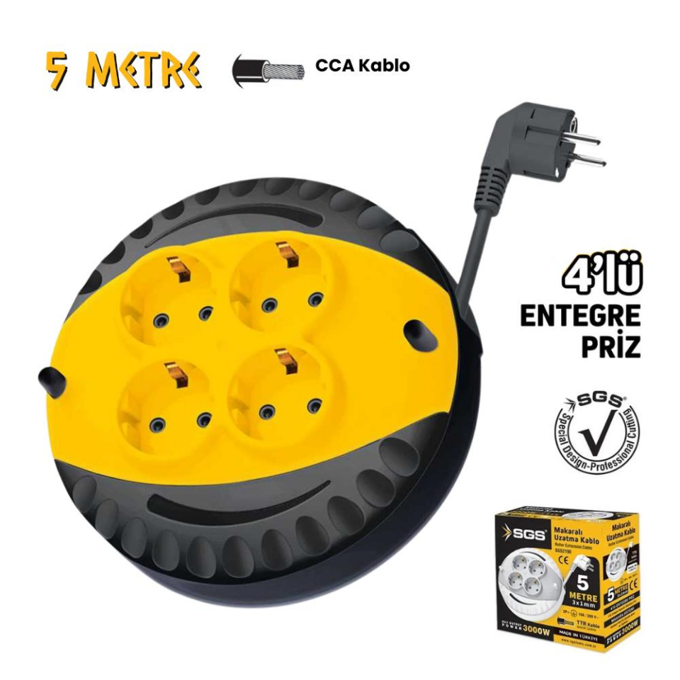 SGS Saklı Kablolu Makaralı Uzatma Kablosu Siyah CCA 3x1.5 - 4 Priz - 5 mt.