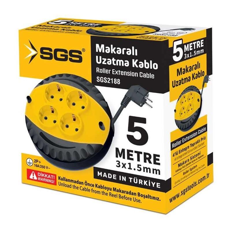 SGS Saklı Kablolu Makaralı Uzatma Kablosu Siyah CCA 3x1.5 - 4 Priz - 5 mt.