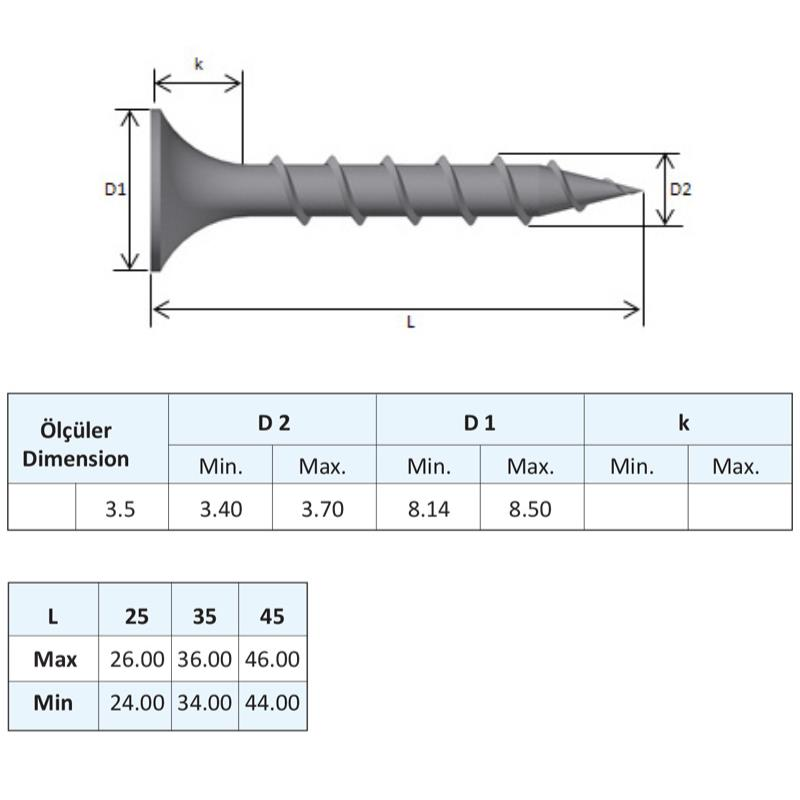 Yağmur Vida Alçıpan Vidası Sivri Uçlu 3.5x45 mm. - 500 Adet