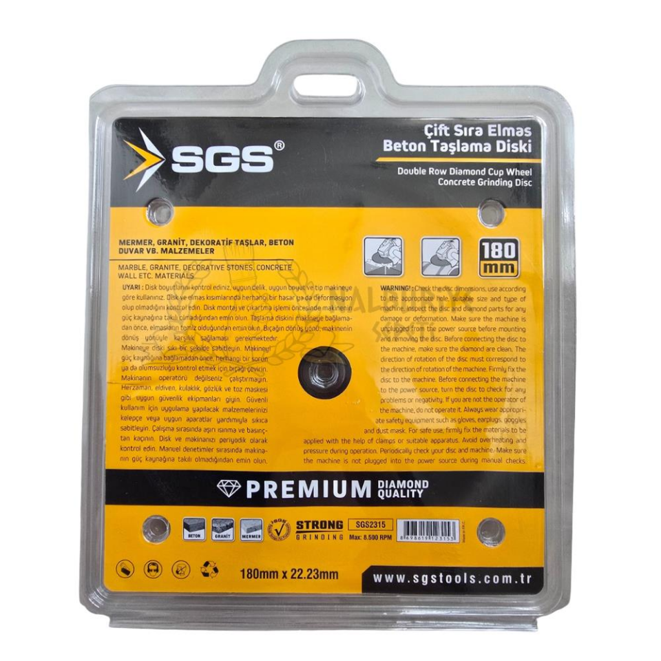 SGS Elmas Beton Mermer Granit Taşlama Diski - Çift Sıra - 180 mm.