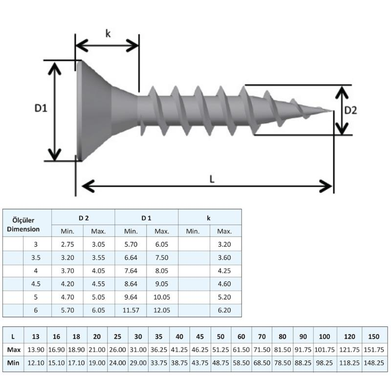 Yağmur Vida Ahşap Sunta Vidası 4.0x16 mm. - 1000 Adet