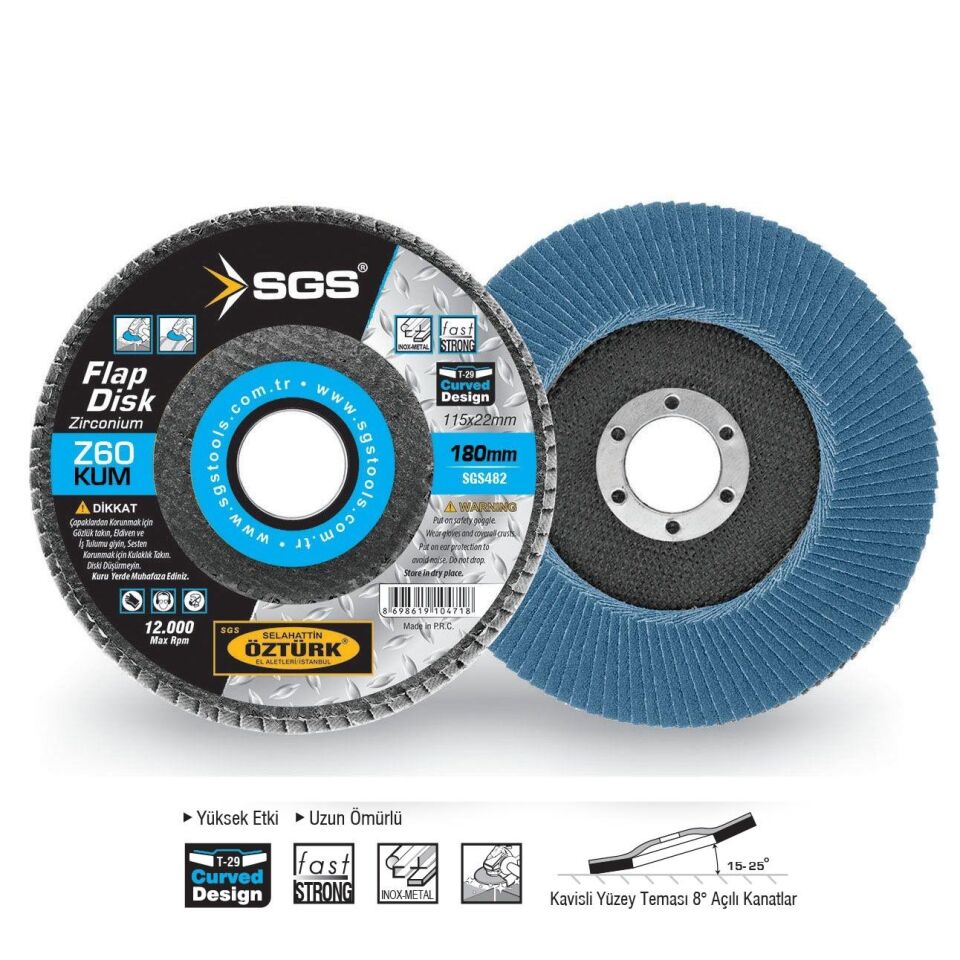 SGS Flap Disk Zımpara Zirkonyum - 180 mm. - Z60 Kum - 10 Adet
