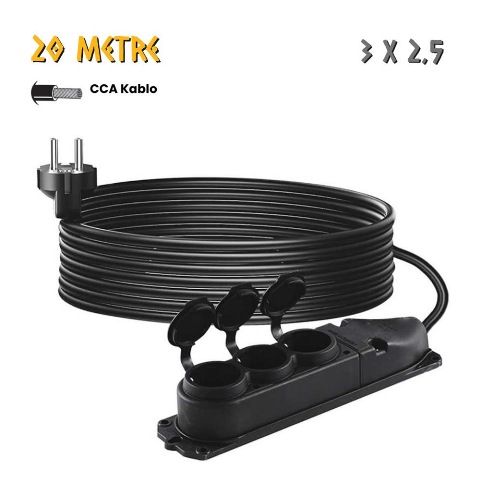 SGS Kauçuk Uzatma Kablosu CCA 3x2.5 - Üçlü Grup Priz - 20 mt.