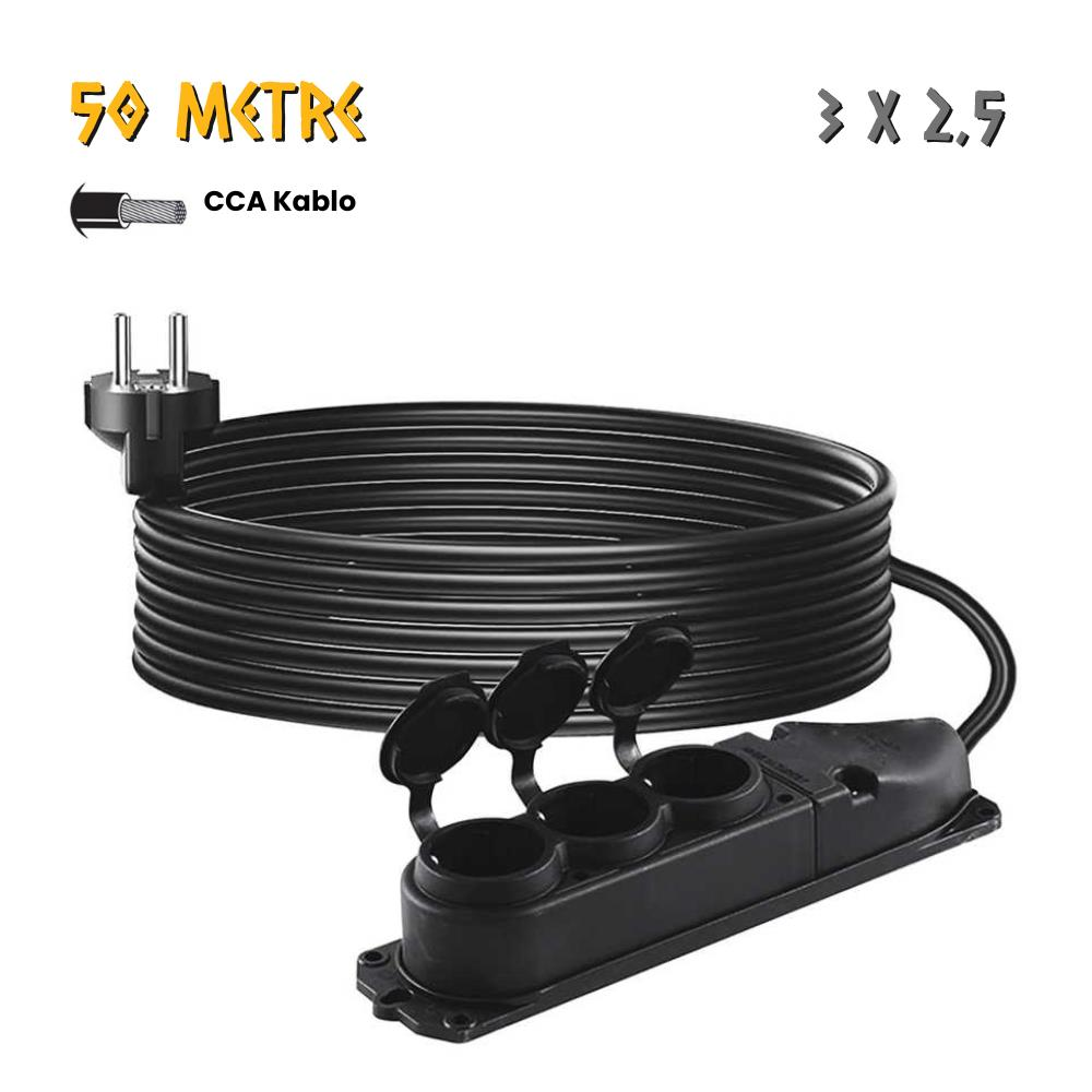 SGS Kauçuk Uzatma Kablosu CCA 3x2.5 - Üçlü Grup Priz - 50 mt.