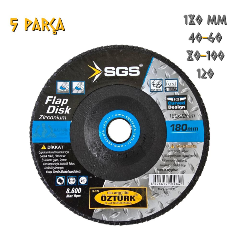 SGS Flap Disk Zımpara Seti Zirkonyum 180 mm. - 40-60-80-100-120 Kum