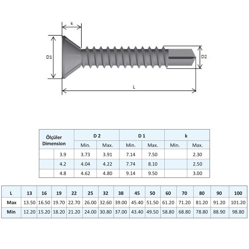 Yağmur Vida YHB Matkap Uçlu Akıllı Vida 3.9x38 mm. - 70 Adet