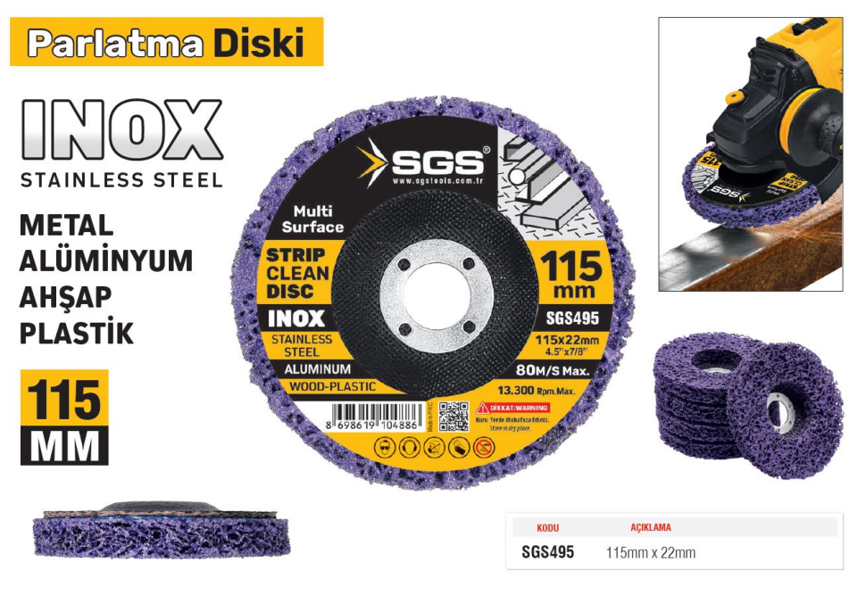 SGS İnox-Çelik-Alüminyum-Ahşap Parlatma Diski Mor - 115 mm. - 1 Adet