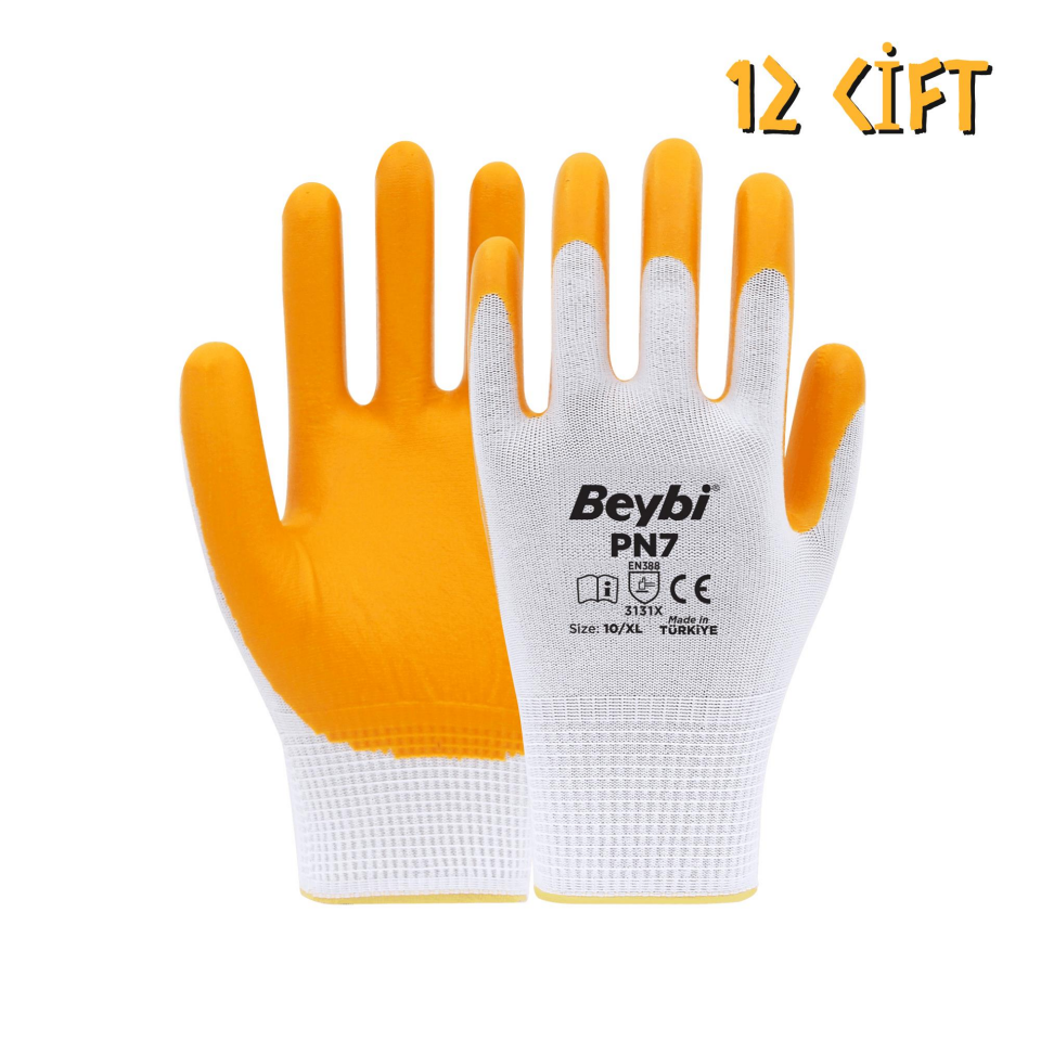 Beybi Polyester-Nitril İş Eldiveni PN7 No: 10 SARI - 12 Çift
