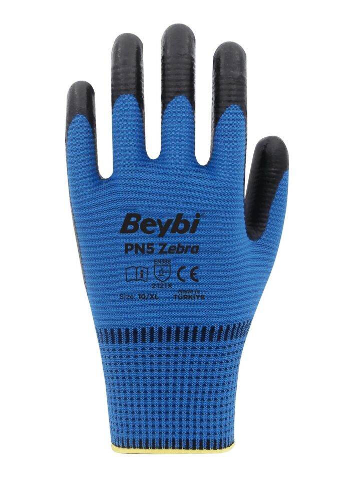 Beybi Polyester-Nitril İş Eldiveni PN5 Zebra No: 10 MAVİ - 1 Çift
