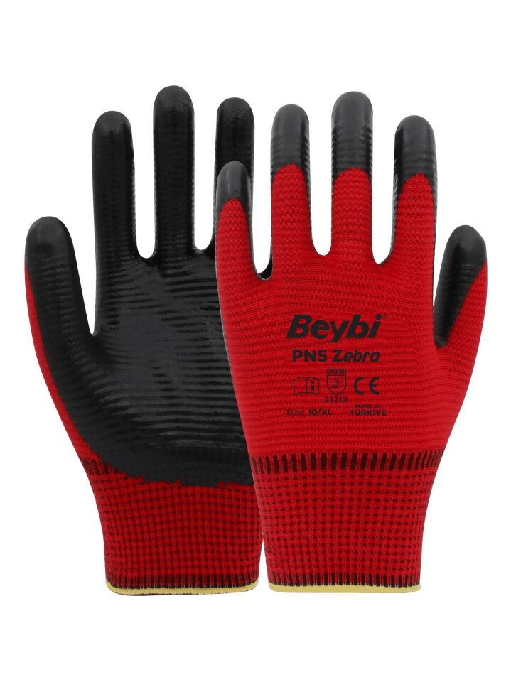 Beybi Polyester-Nitril İş Eldiveni PN5 Zebra No: 10 KIRMIZI - 1 Çift