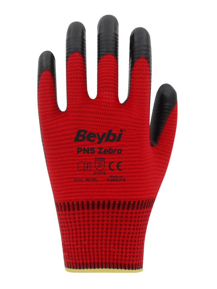 Beybi Polyester-Nitril İş Eldiveni PN5 Zebra No: 10 KIRMIZI - 1 Çift