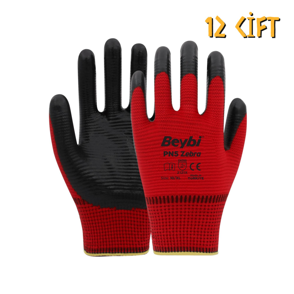 Beybi Polyester-Nitril İş Eldiveni PN5 Zebra No: 10 KIRMIZI - 12 Çift