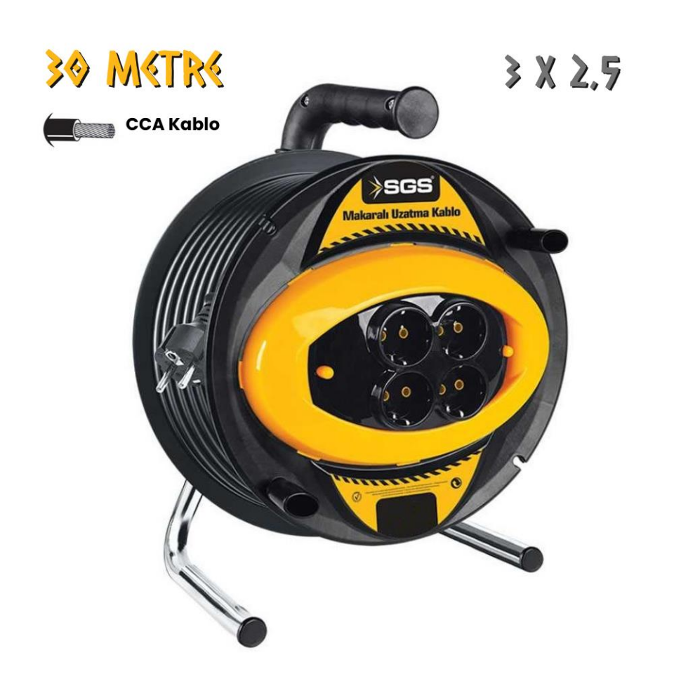 SGS Plastik Makaralı Uzatma Kablosu CCA 3x2.5 - Dörtlü Priz - 30 mt.