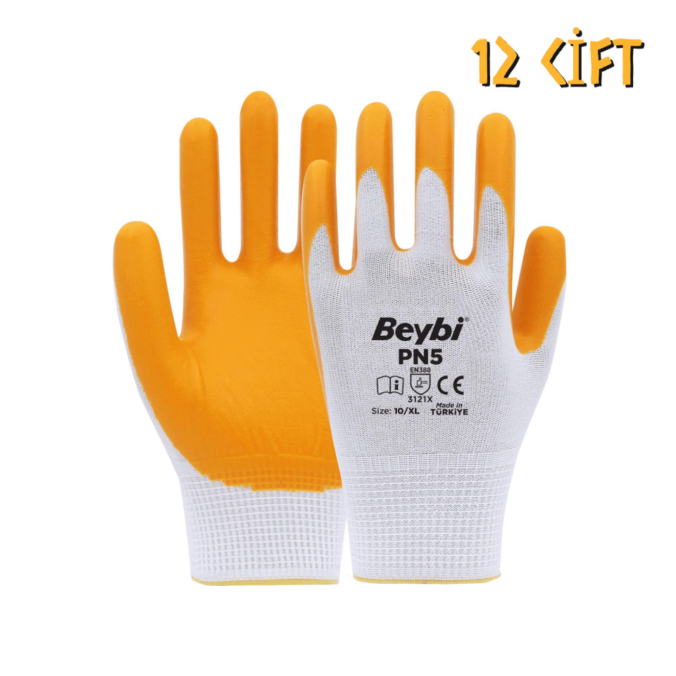 Beybi Polyester-Nitril İş Eldiveni PN5 No: 10 Sarı - 12 Çift