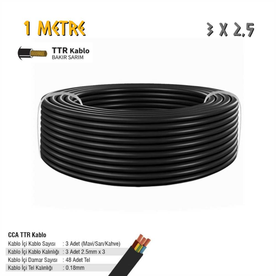 SGS Elektrik Tesisat Kablosu - 3x2.5 CCA TTR 48x0.18 - Siyah - 1 mt.