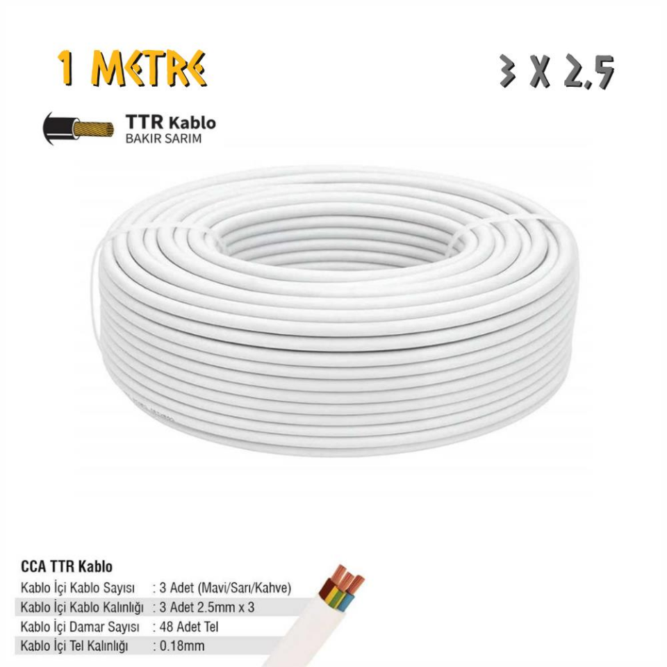 SGS Elektrik Tesisat Kablosu - 3x2.5 CCA TTR 48x0.18 - Beyaz - 1 mt.