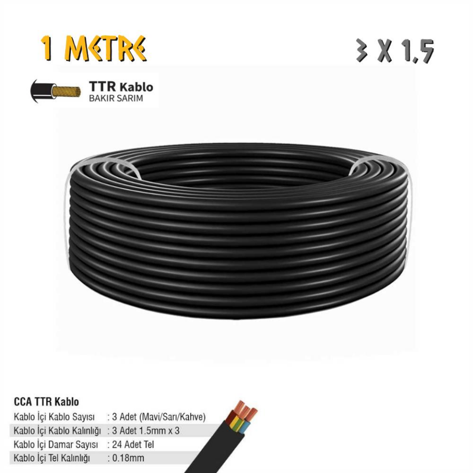 SGS Elektrik Tesisat Kablosu - 3x1.5 CCA TTR 24x0.18 - Siyah - 1 mt.