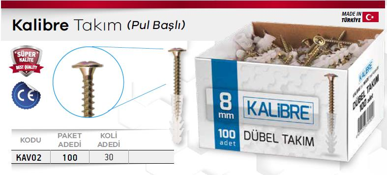 Made Kalibre Dübel Vida Takımı Pul Başlı 8 mm. - 100 Adet