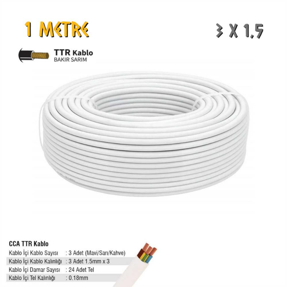 SGS Elektrik Tesisat Kablosu - 3x1.5 CCA TTR 24x0.18 - Beyaz - 1 mt.