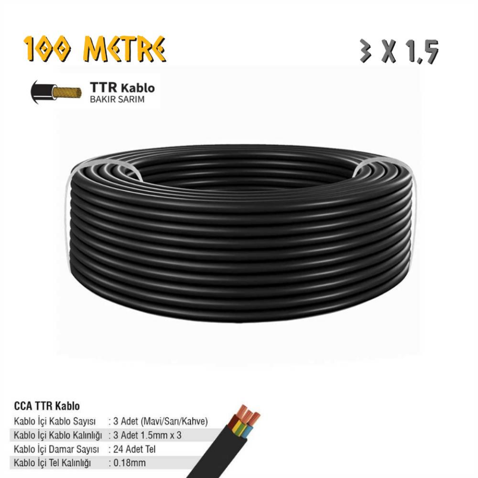 SGS Elektrik Tesisat Kablosu - 3x1.5 CCA TTR 24x0.18 - Siyah - 100 mt.