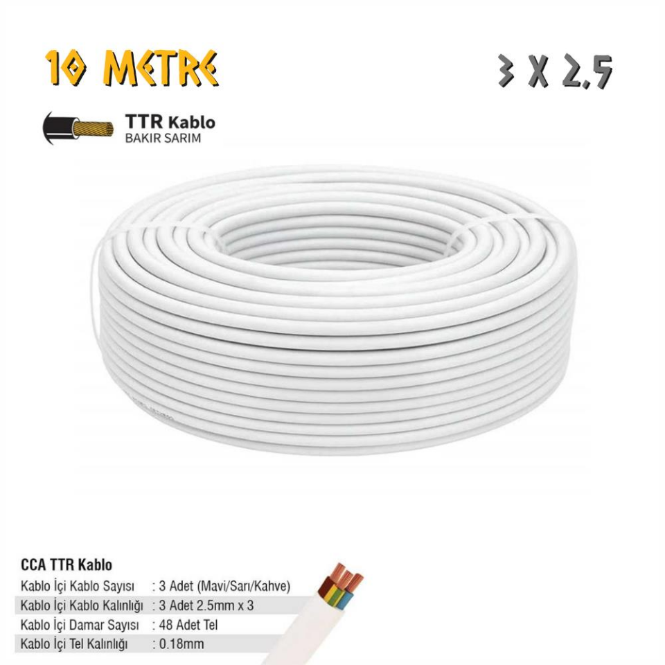 SGS Elektrik Tesisat Kablosu - 3x2.5 CCA TTR 48x0.18 - Beyaz - 10 mt.