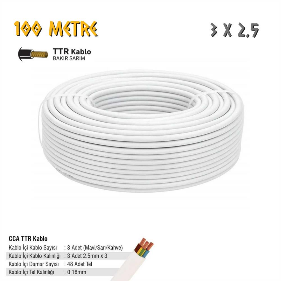 SGS Elektrik Tesisat Kablosu - 3x2.5 CCA TTR 48x0.18 - Beyaz - 100 mt.