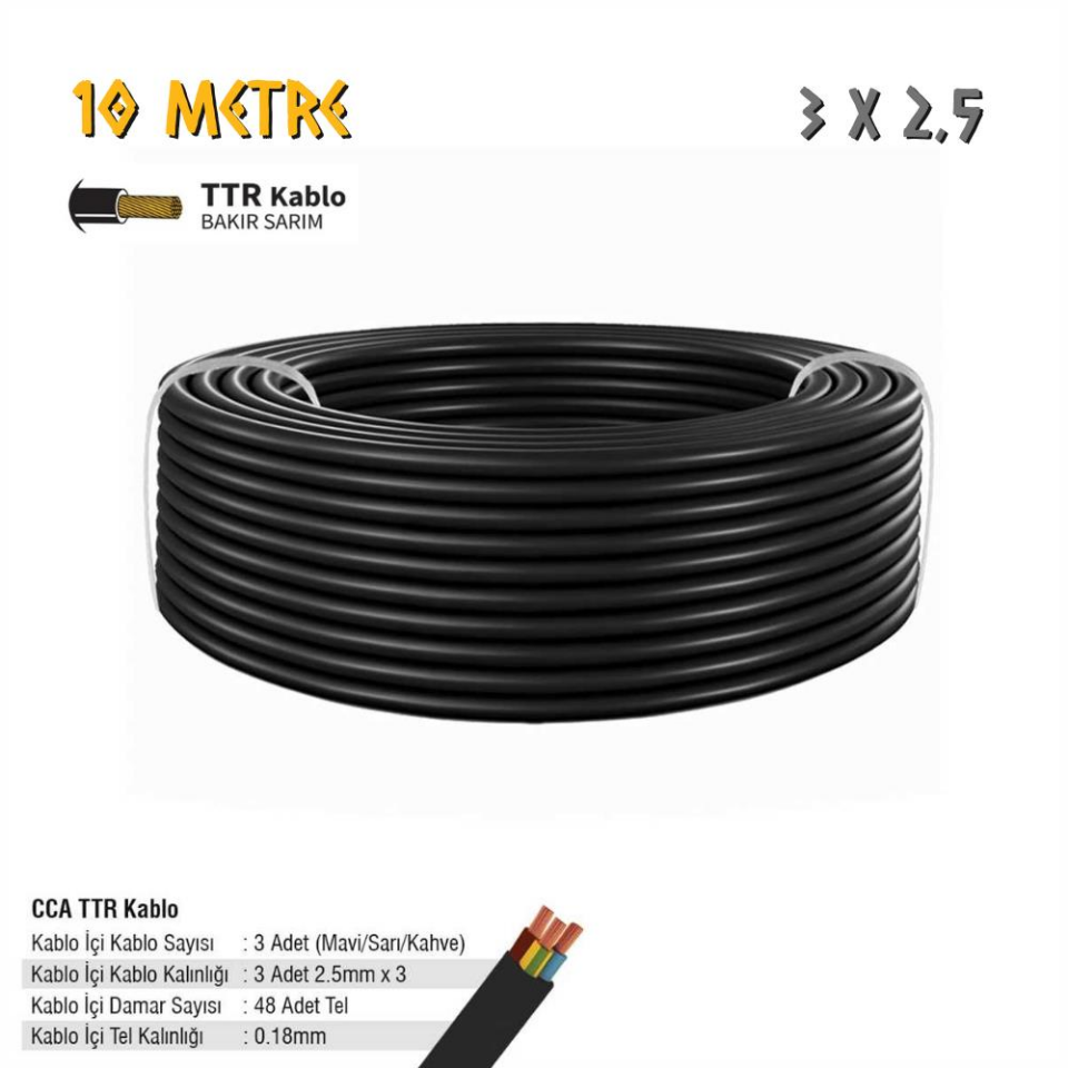 SGS Elektrik Tesisat Kablosu - 3x2.5 CCA TTR 48x0.18 - Siyah - 10 mt.