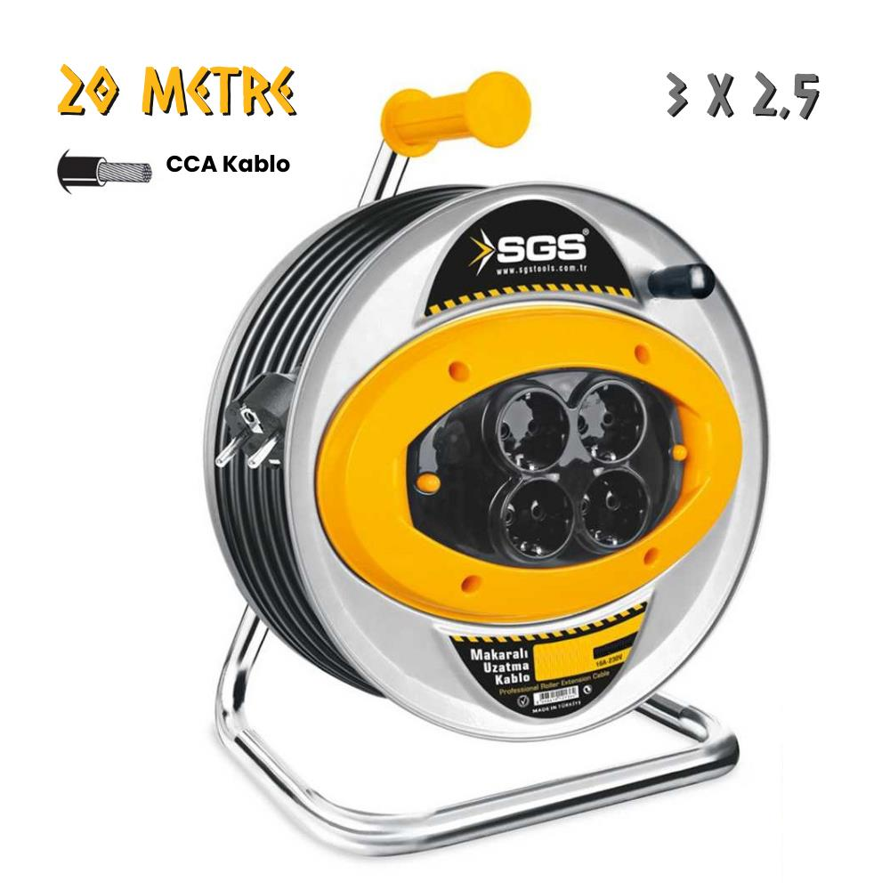 SGS Metal Makaralı Uzatma Kablosu CCA 3x2.5 - Dörtlü Priz - 20 mt.
