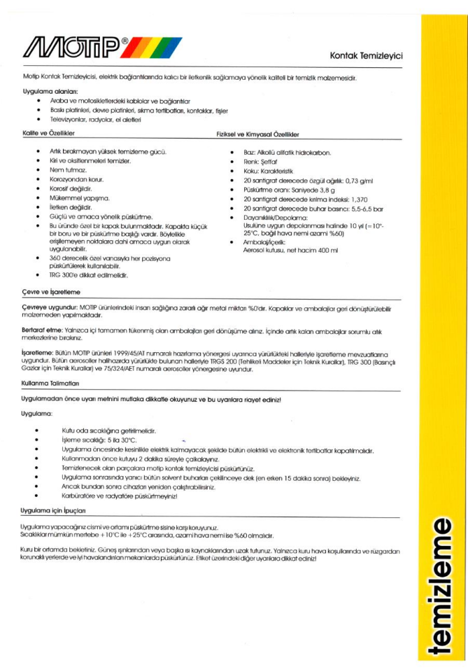 Motip Elektronik Kart Kontak Temizleme Spreyi 500 ml.