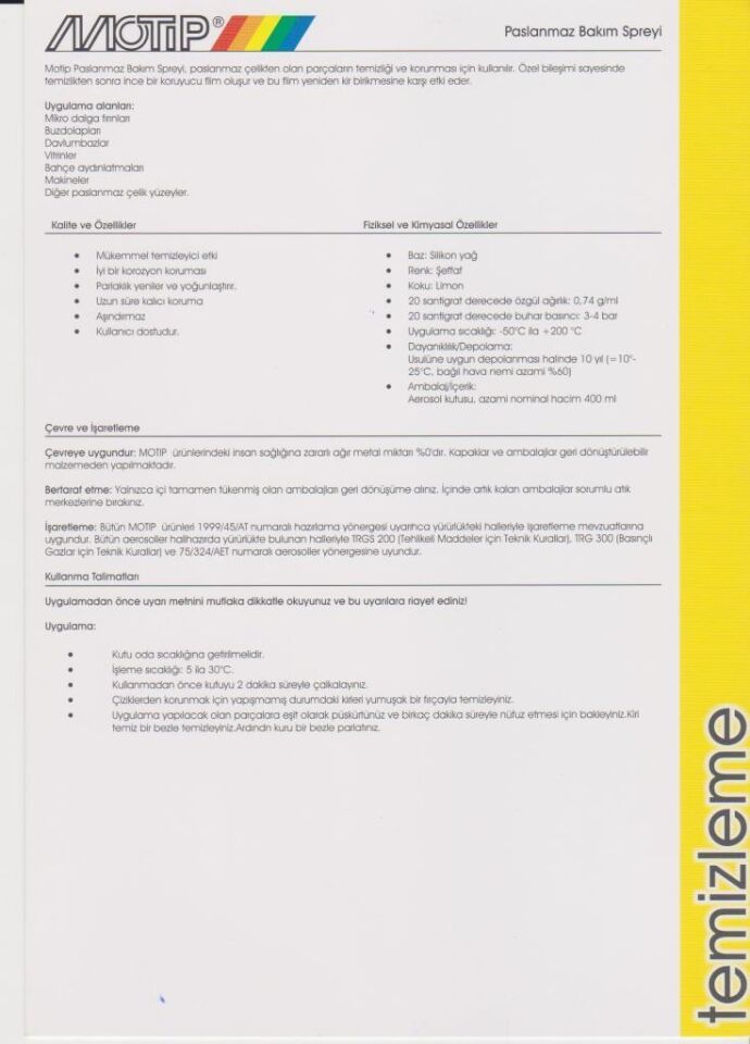 Motip Paslanmaz Çelik İnox Temizleme Spreyi 500 ml.