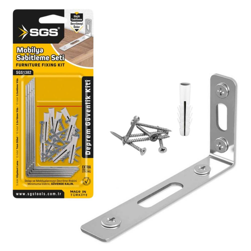 SGS Mobilya Sabitleme Seti Deprem Kiti - 5x L Köşebent-Vida-Dübel