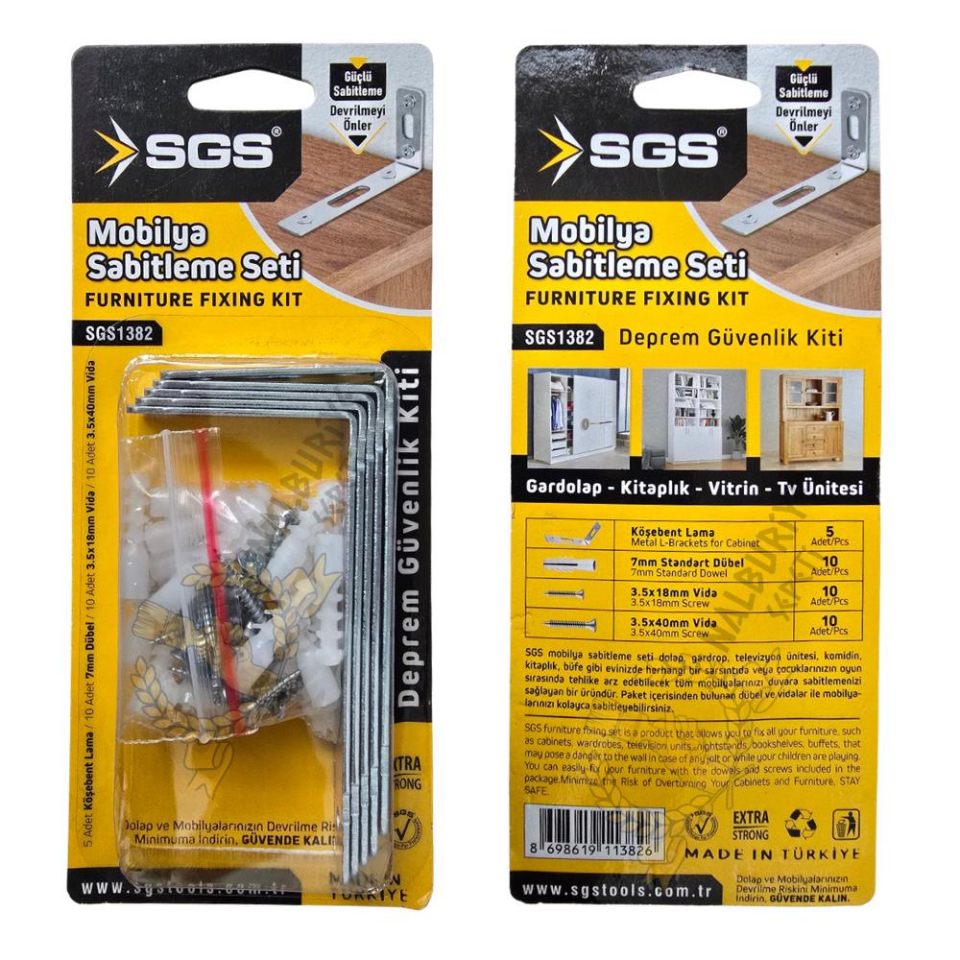 SGS Mobilya Sabitleme Seti Deprem Kiti - 5x L Köşebent-Vida-Dübel