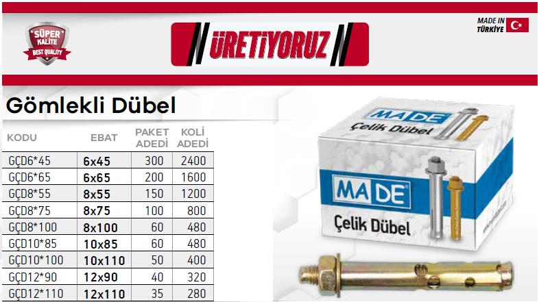 Made Gömlekli Çelik Dübel 12x110 mm. - 1 Adet